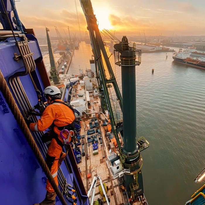 Rope access technician working on an offshore vessel